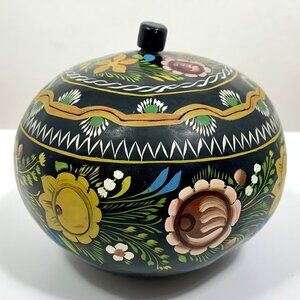 Decorative Hand Painted Floral Folk Art Gourd Bowl w/ Lid Scalloped Edge VTG